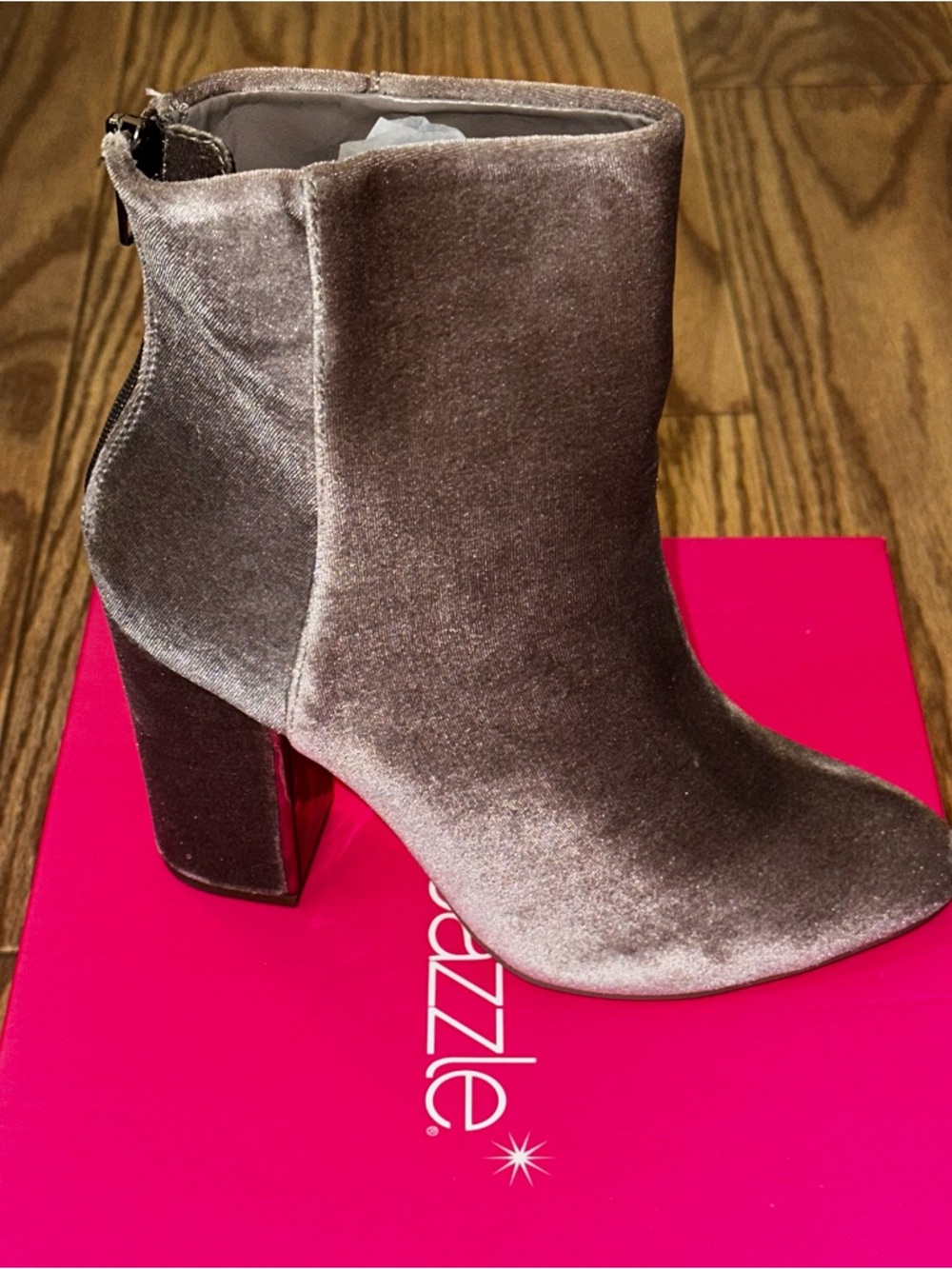 Velvet Block Heel Ankle Boot - Taupe